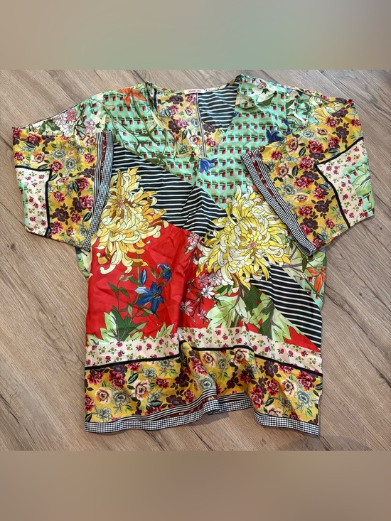 Johnny Was Tops - Johnny Was Multicolor Floral Patchwork Tunic with Red, Yellow and Green